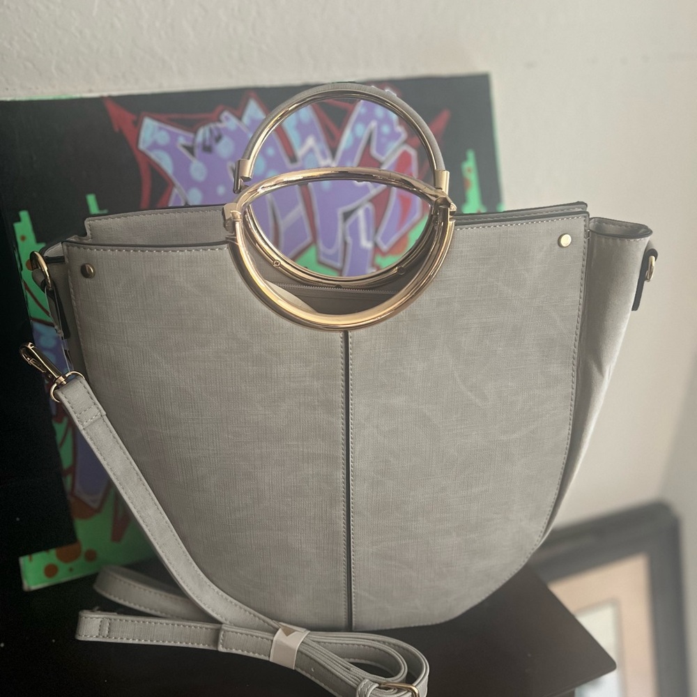 Elegant Gray Handbag with Gold Accents